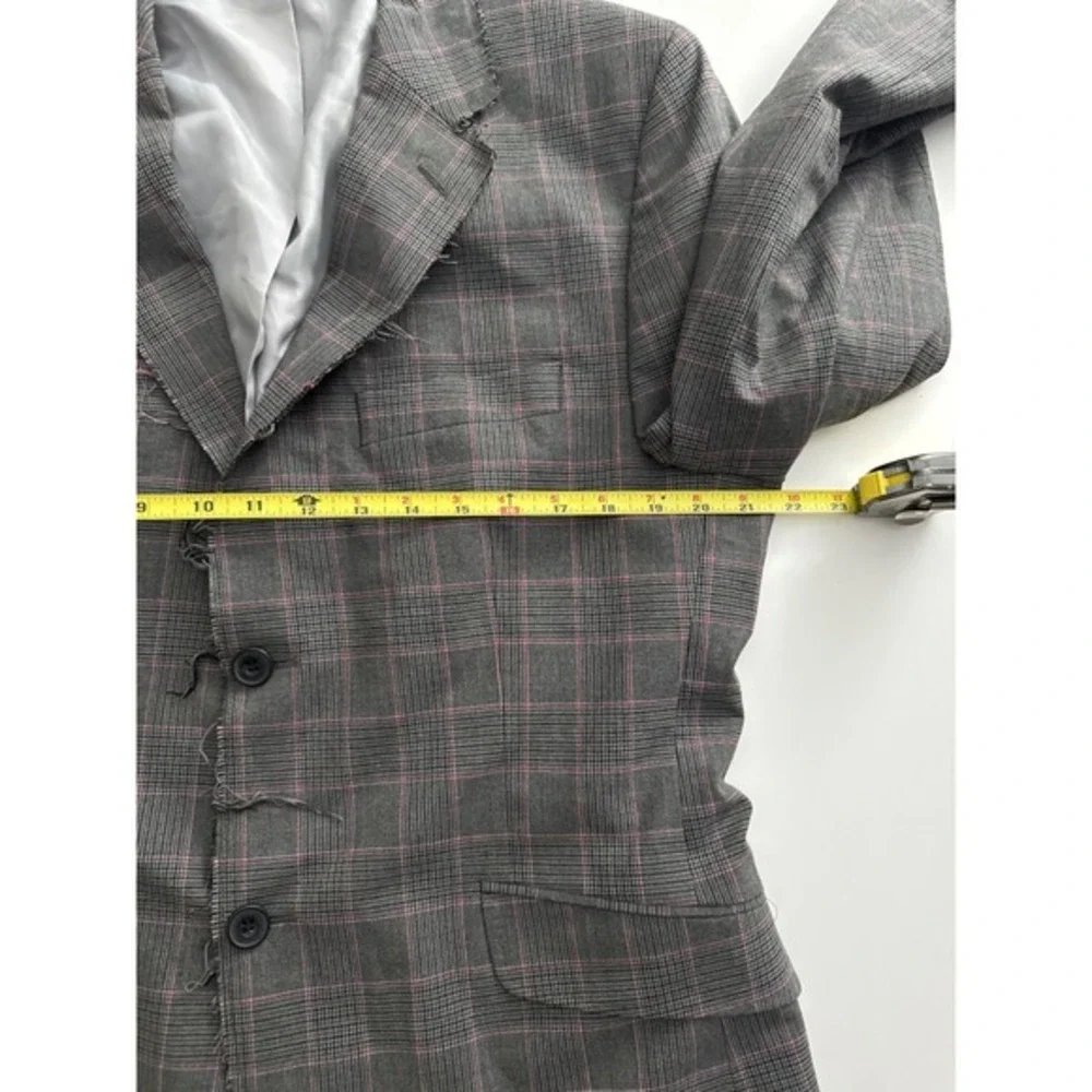 Ben Sherman Mens Grey Pink Plaid Distressed Raw Edge Blazer Sport Coat L Y2K